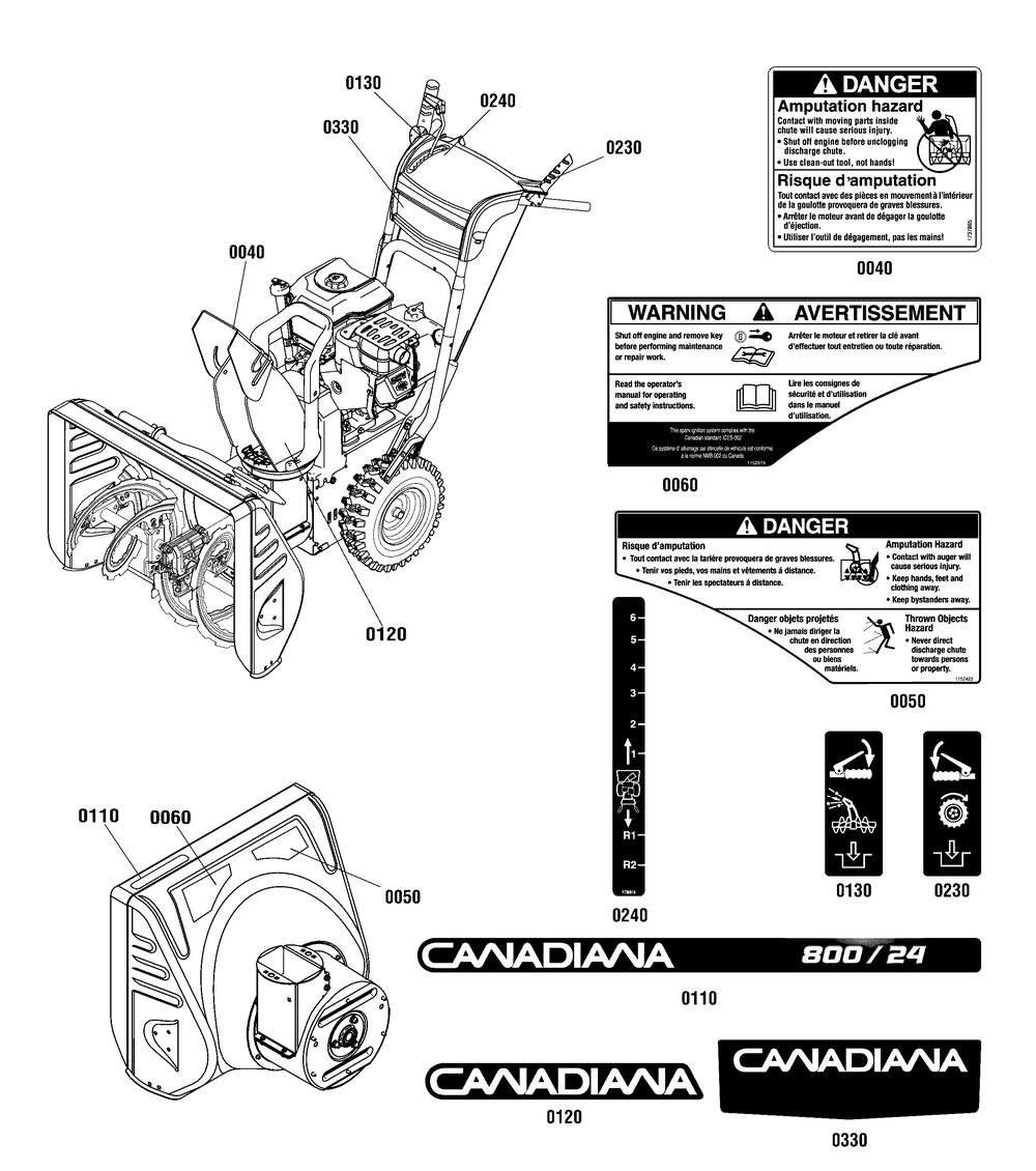 Decals Group Diagram and Parts List for 1696416-00 2013 Briggs and Stratton Snow Blower